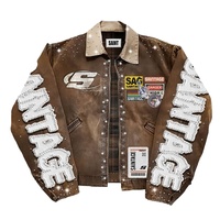 Ensemble de veste et jean en denim vintage délavé pour homme, streetwear, 2 pièces, design patchwork surdimensionné avec strass