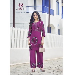 ชุดเสื้อผ้าเรยอนสำหรับผู้หญิงเสื้อและพลาสโซพิมพ์ลายแตกต่างกันสวมใส่สบายๆและปกติโดยส่งออก - Product Image 1