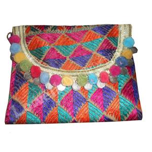 กระเป๋าคลัทช์ปักลายแนวโบฮีเมียนสีสันสดใสเน้นกระจกปอมปอมมีซิปผ้าฝ้ายพกพาความจุขนาดใหญ่สำหรับใช้ในเทศกาลสบายๆ - Product Image 3
