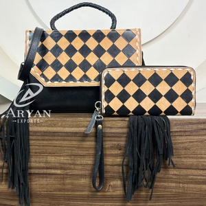 Conjunto de 2 piezas de gran capacidad al por mayor, bandolera con flecos y patrón a cuadros para mujer, carteras de mano de cuero mecanizadas a mano - Product Image 1