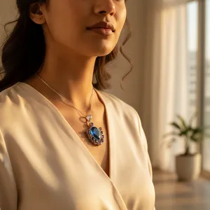 Pendentif de luxe pour femme en argent 925 avec saphir naturel, forme goutte d'eau, taille poire, sertissage griffe de diamant, pour usage quotidien - Product Image 1