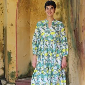 Haute qualité coton robe d'été pour les femmes main bloc imprimé motif floral écologique genou longueur fête robes de plage - Product Image 1