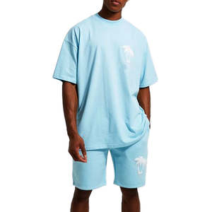 Chándal de verano con estampado de abullonado personalizado Unisex, conjunto de dos piezas de algodón pesado, tejido de punto informal, camiseta Vintage térmica para hombre - Product Image 4