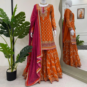 Thủ công dân tộc xuất sắc Faux georgette chủ đề sequined phía trước và trở lại làm việc hàng đầu đầy đủ khâu sharara & ren giáp dupatta - Product Image 3