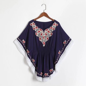 New Arrival Women's Fashion Tunic Top Blue V-Neck Cotton Embroidery <b>Lace</b> Decoration Long <b>Sleeves</b> Plain Dyed Technique Sweet - Product Image 3