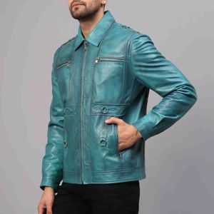Chaqueta de Cuero Azul Elegante para Hombre, Hecha a Mano, de Alta Calidad, Transpirable, Fusión de Funcionalidad y Expresión - Product Image 4