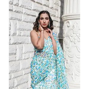 Sari de Chifón Puro con Estampado Azul Flora y Volantes, con Trabajo a Mano, Ligero, para Fiestas, para Mujer - Product Image 1