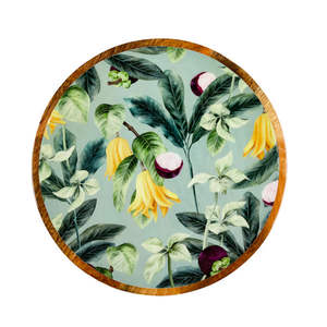 Plateau de service rond fait main en bois de manguier, plat imprimé décoratif au fini brillant - Product Image 1