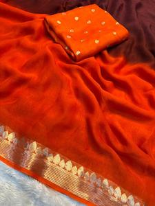 ผ้าซารีผ้าจอร์เจียต์แท้สำหรับผู้หญิง พร้อมส่ง ลายไล่เฉดสี แต่งขอบลูกไม้ ดีไซน์หรูหรา ผลิตในอินเดีย - Product Image 3