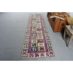 พรมตุรกีขนาด 2.5x8.7 ฟุต, พรมวินเทจแบบยาว, พรมขนสัตว์สีน้ำเงินชมพูไล่เฉด - Product Image 1