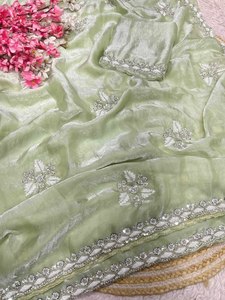 Hermosa secuencia C-Pallu Work Color brillante Bollywood inspirado en Sari de moda con pieza de blusa a juego para adultos especiales - Product Image 3