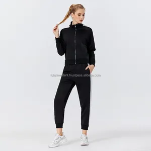 Meilleur ensemble de survêtements bleu en coton polaire OEM personnalisé pour femmes vêtements de sport d'entraînement deux pièces jogging pull-over survêtement - Product Image 4