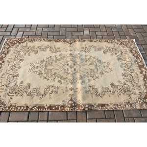Turkish Vintage <b>Wool</b> Rug 3.8x6.9 ft <b>Brown</b> Patchwork Design Eco-Friendly Latex Backing - Product Image 3