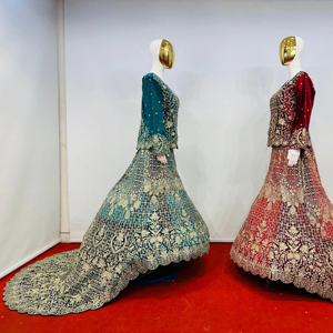 Lehenga เสื้อกำมะหยี่พระราชกับหิน jarkan เต็มรูปแบบบิ๊ก Trail 7ออกแบบพิเศษ5สี Regal สวมใส่ในงานแต่งงาน choli ผ้าตาข่าย - Product Image 1