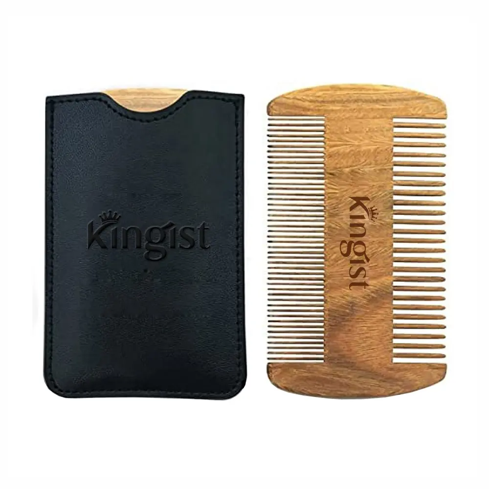 Natural Hair Styling Tool Oil Head Brush Wide & Fine Tooth Pocket Beard Double Sided Comb/ Comb Wooden with Leather Case