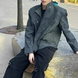 Streetwear rétro pour hommes Veste décontractée à épaules courtes en peau de mouton PU Canvas Veste en cuir polyvalente en peau de mouton Vêtements pour hommes - Product Image 4