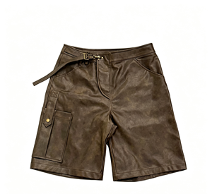 Pantalones Cortos Cargo de Piel Sintética Marrón para Hombre, Cintura Alta, con Cordón Ajustable, Estilo Utilitario, Tipo Bermuda con Bolsillos - Product Image 1