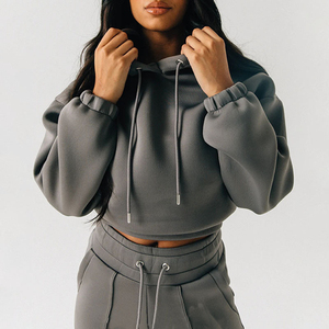 คุณภาพสูง 2 ชิ้น Sweatsuit ชุดวอร์มชุดแขนยาว Crop Hoodie ขากว้าง Flare Jogger ชุดสําหรับสตรี