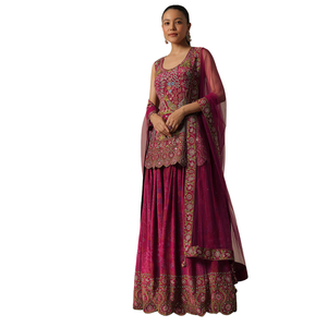 ชุดปาลาซโซทำจากผ้าไหมสีชมพูพร้อมกระจกเครื่องแต่งกายแบบพื้นเมืองสำหรับผู้หญิงชุดปาร์ตี้งานแต่งงานออกแบบได้ตามต้องการ - Product Image 2