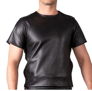 เสื้อยืดหนังแท้แบรนด์ส่วนตัวสำหรับผู้ชาย ปักโลโก้ตามสั่ง แขนปกติ หนังเรียบ ทรงปกติ ผ้าแคนวาส ระบายอากาศได้ดี - Product Image 1