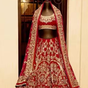 STYLISH HEAVY EMBROIDERY on BRIDAL RED <b>BLOUSE</b>,LEHENGA & DUPATTA WITH EMBELLISHED CRYSTAL GLASS BEADS,DABKA WORK for WEDDING@2024 - Product Image 1