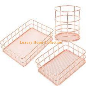 Juego de 3 Cubos y Cestas de Almacenamiento Resistentes de Metal Chapado en Oro Rosa con Dos Bandejas y Porta Plumas y Cubiertos con Acabado Brillante - Product Image 2