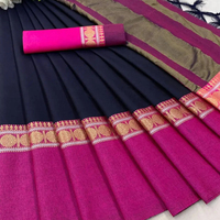 Magnifique sari en coton doux et soyeux avec une large bordure contrastée et un beau chemisier assorti.