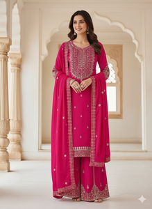 ชุดคุर्ตา ชารารा พรีเมียมสีชมพู ยี่ห้อ UNITY LUXURE พร้อมผ้าคลุมไหล่ ผ้าผสมไหม ตกแต่งด้วยงานปักดิ้นและด้าย งานฝีมือประณีต เหมาะสำหรับงานเทศกาลและงานพิธีต่างๆ - Product Image 2