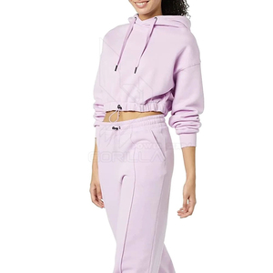 Ensemble 2 pièces pour femmes, sweat-shirt à capuche court et jogging, logo personnalisé sur le devant, sweat-shirt en molleton décontracté surdimensionné avec couleurs personnalisées - Product Image 2