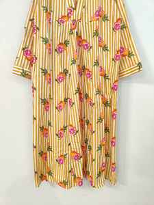 Yellow Stripes Fruit Print Floor-Length V-neck Long Sleeve <b>Casual</b> Cotton <b>Dress</b> Lightweight Breathable <b>Summer</b> Elegant <b>Dress</b> - Product Image 4