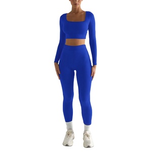 Ensemble deux pièces avec logo personnalisé pour femmes soutien-gorge de sport sexy à manches longues avec short vêtements de yoga à motif solide - Product Image 1