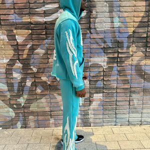 Custom Logo Acid <b>Wash</b> Flare Sweatpants And Hoodie Set Jogging Tracksuit Adults For <b>Men</b> With Distress Applique Two Piece Set - Product Image 4