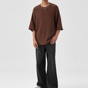 Camiseta de 100% algodón de gran tamaño para hombre, de peso pesado Camiseta holgada estampada de algodón, nueva Camiseta de punto con patrón sólido - Product Image 6