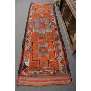 Vintage Turkish Herki <b>Runner</b> <b>Rug</b> 3x9.7 ft, Orange Solid <b>Rug</b> Wool - Product Image 1