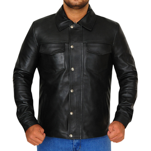 Veste en cuir décontractée d'hiver pour homme de haute qualité en polyester/coton noir à col montant coupe-vent imperméable avec fermeture éclair et poches avant - Product Image 1