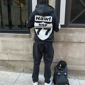 Custom <b>Embroidery</b> Logo Stacked Winter Breathable Acid Wash Men's Drawstring Flared Tracksuits Sweatsuit <b>Set</b> - Product Image 3