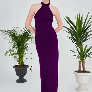 Màu tím dây cổ maxi Chiều dài cát vải ăn mặc backless váy giản dị dài ăn mặc