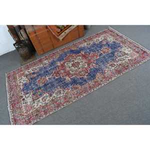 Alfombra Turca de 3.7x7.2 pies, Alfombra Vintage, Alfombra Marroquí de Lana Azul y Roja - Product Image 2