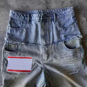 بنطلون جينز للرجال مخصص ملابس الشارع المرقعة عارضة خمر مزدوجة الخصر أوم فضفاض الجينز الصانع - Product Image 3