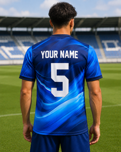 Maillot de football personnalisé par sublimation, motif vague bleue, impression nom et numéro d'équipe, polyester à séchage rapide, vente en gros OEM - Product Image 4