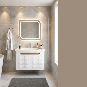 Ensemble de meubles de salle de bain flottants de luxe, motif diamant, gris mat, meuble-lavabo avec dessus en bois, lavabo en céramique, miroir LED inclus - Product Image 5
