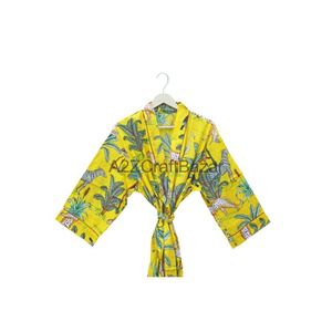Beautiful Floral Print Bathrobe Logo Yellow Japanese Style Cotton Kimono Dress All Season Comfortable SwimwearSuit <b>for</b> Summer - Product Image 2