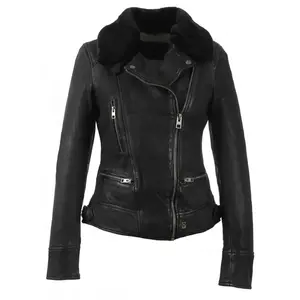 2024 OEM para mujer, chaqueta de motorista de cuero auténtico, chaqueta de oveja de cordero, chaqueta de cuero de motorista genuino de moda informal ODM - Product Image 6