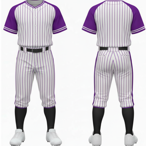 Ensemble uniforme de baseball professionnel violet à manches raglan, corps blanc avec rayures violettes et pantalon assorti - Product Image 1