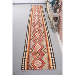 Vintage Turkish Kilim <b>Runner</b> Rug 2.9x15.3 ft, <b>Red</b> Check Rug Wool - Product Image 1