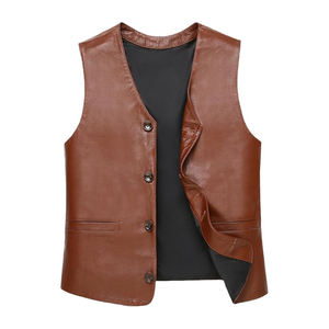 Gilet en cuir de vachette personnalisé et décontracté pour hommes, première couche en laine, col en V, costume en cuir, design respirant - Product Image 1