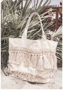 Boho Fringe Beach Tote <b>Bag</b> With Thick Tassel Detail <b>Cream</b> Crafted From Cotton Canvas Designed For Summer Travel & Casual Carry - Product Image 3