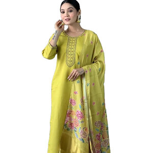 High Quality 2025 Vintage Special Perrot Color Embroidery Plain& Classy Look Knee Length Kurti& Pent With Matching Dupatta Set - Product Image 1