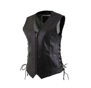 Veste en cuir pour femme en peau de mouton 100% authentique, vêtement d'extérieur OEM, avec lacets latéraux réglables, fermeture éclair et longueur courte - Product Image 2