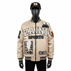 Veste universitaire en satin doux de luxe en neutre avec panneaux côtelés et design de patch brodé personnalisé Veste en satin pour hommes - Product Image 1